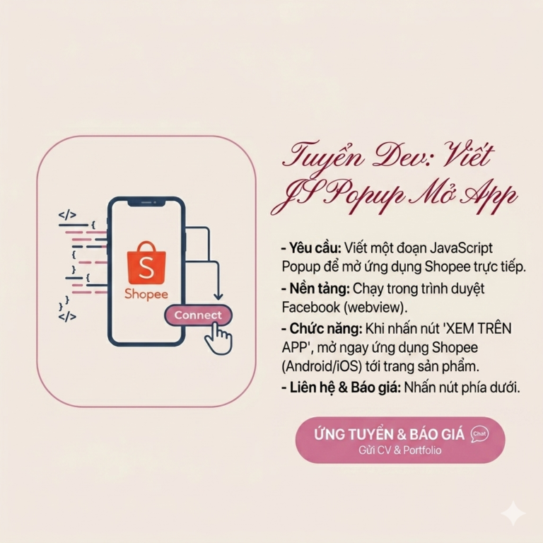 Cần thuê viết 1 đoạn js popup để bật app shopee trực tiếp trên trình duyệt facebook
